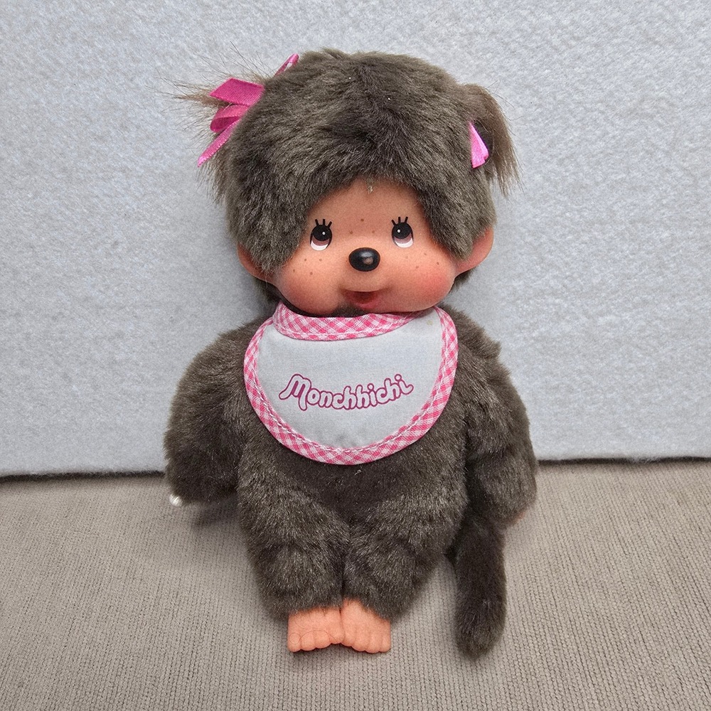 Monchhichi Girl Plush Brown Monkey Doll Pink Bib Thumb Sucking 8" Sekiguchi